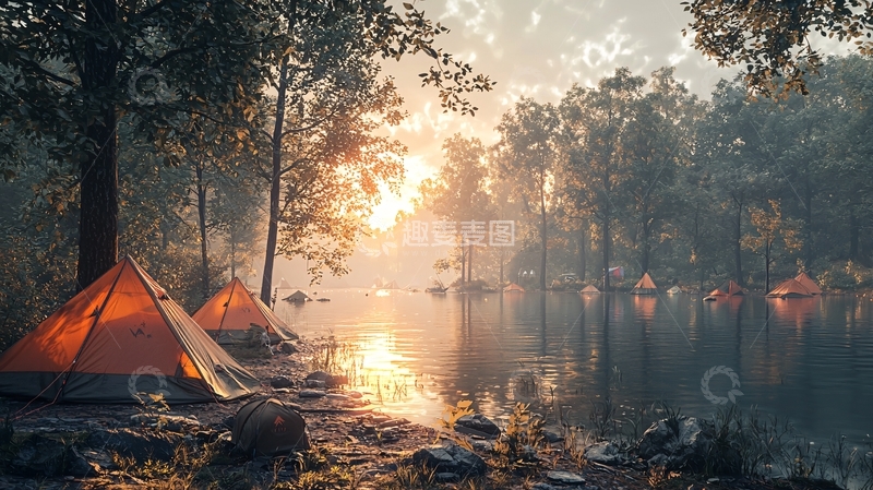 高清大图下载【趣麦麦图】清晨湖边露营帐篷