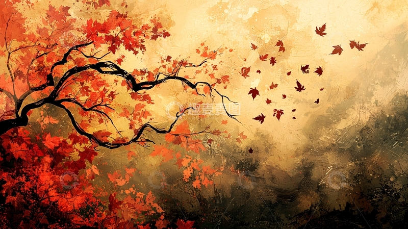 高清大图下载【趣麦麦图】秋叶飘落树枝剪影