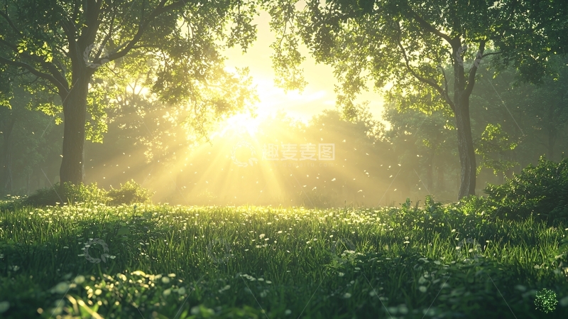 高清大图下载【趣麦麦图】阳光透过树林洒向草地