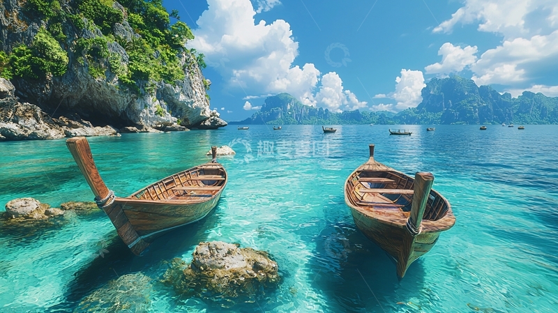 高清大图下载【趣麦麦图】碧海蓝天木船停靠