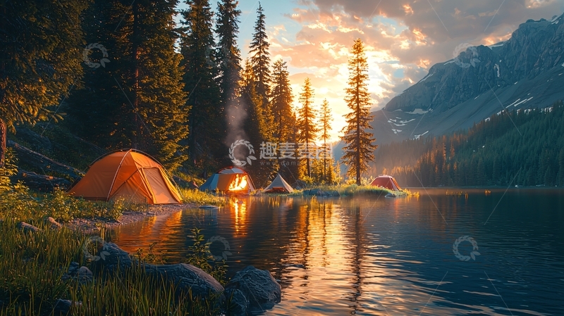 高清大图下载【趣麦麦图】湖边露营篝火的唯美画面