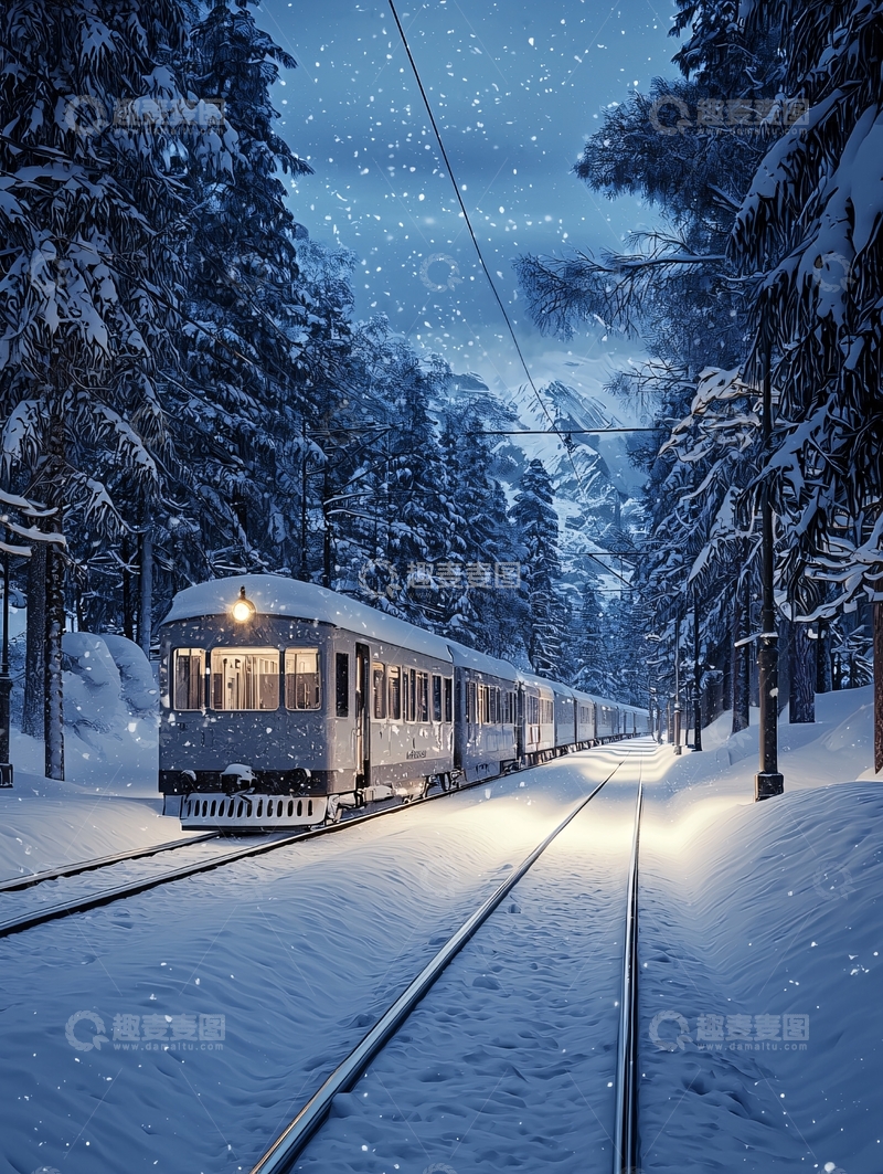 高清大图下载【趣麦麦图】雪夜火车