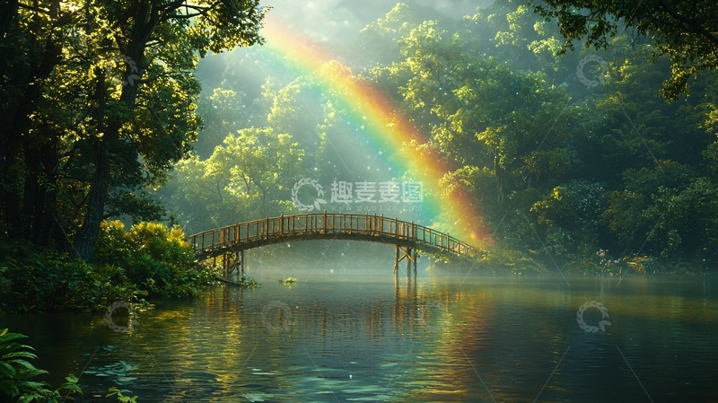 高清大图下载【趣麦麦图】森林中的桥梁上有彩虹