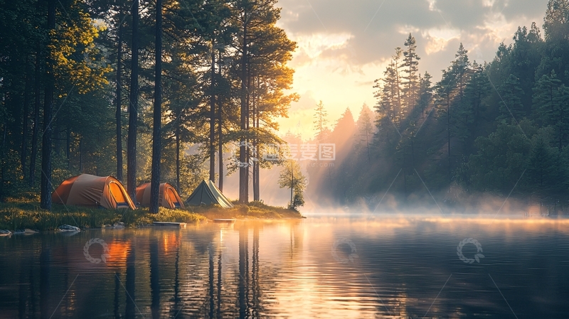 高清大图下载【趣麦麦图】清晨湖边营地