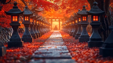 秋叶红枫灯笼小路