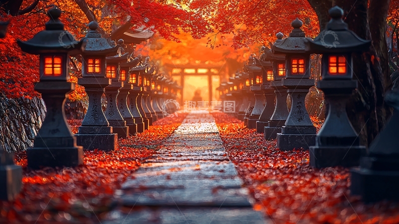 高清大图下载【趣麦麦图】秋叶红枫灯笼小路