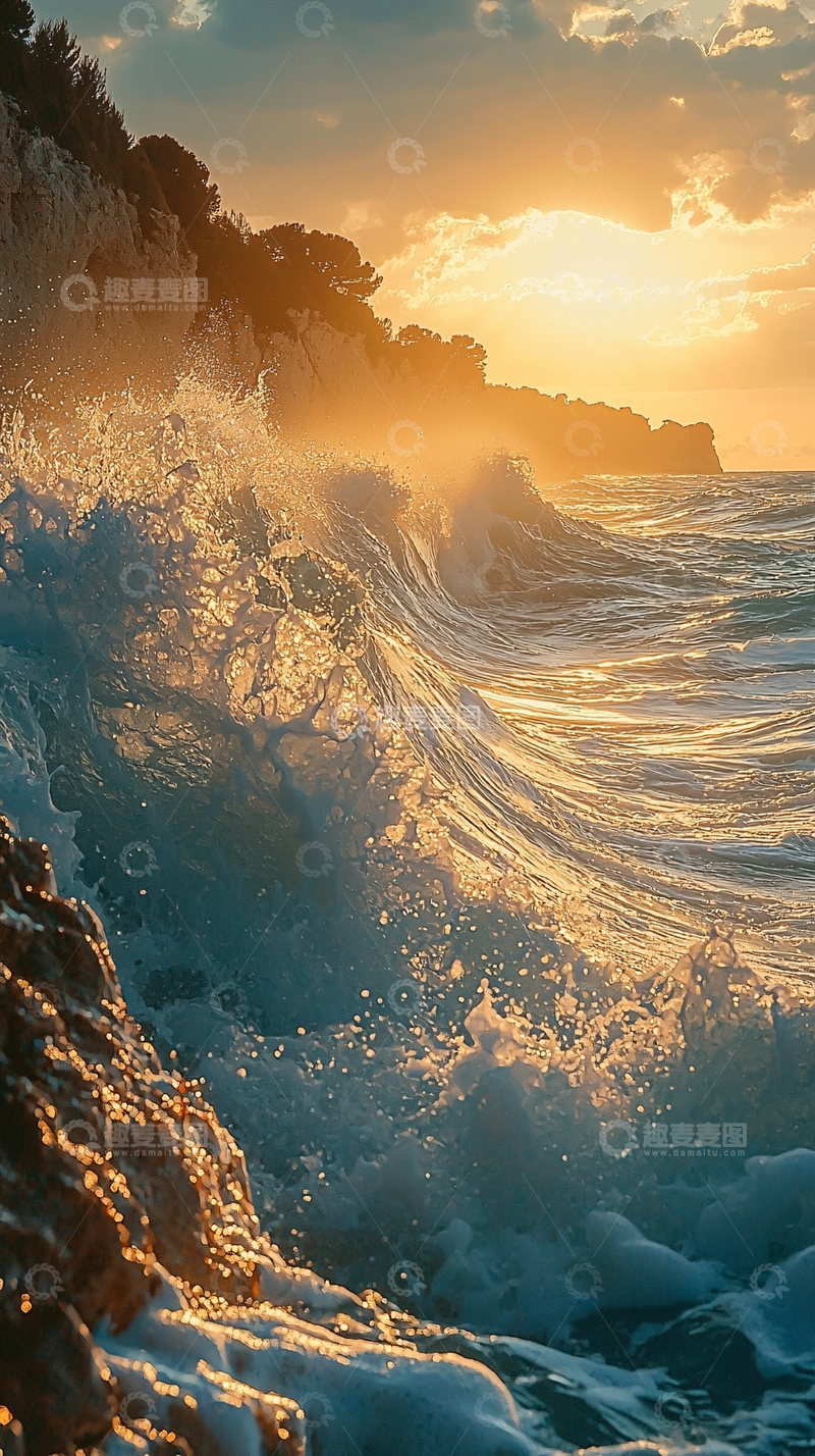 高清大图下载【趣麦麦图】日落海浪拍打岩石