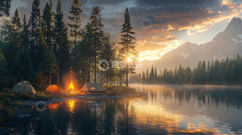 高清大图下载【趣麦麦图】湖边篝火营地日落