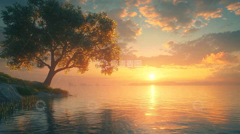 高清大图下载【趣麦麦图】夕阳西下湖边树
