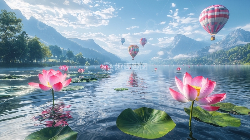 高清大图下载【趣麦麦图】山峦湖泊热气球荷花