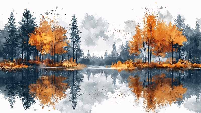 高清大图下载【趣麦麦图】秋季湖泊森林风景画