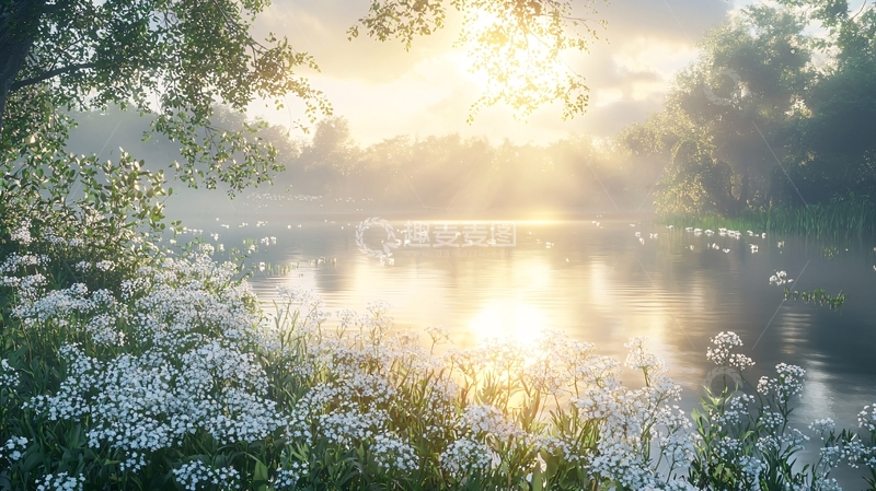 高清大图下载【趣麦麦图】清晨河边雾气花海
