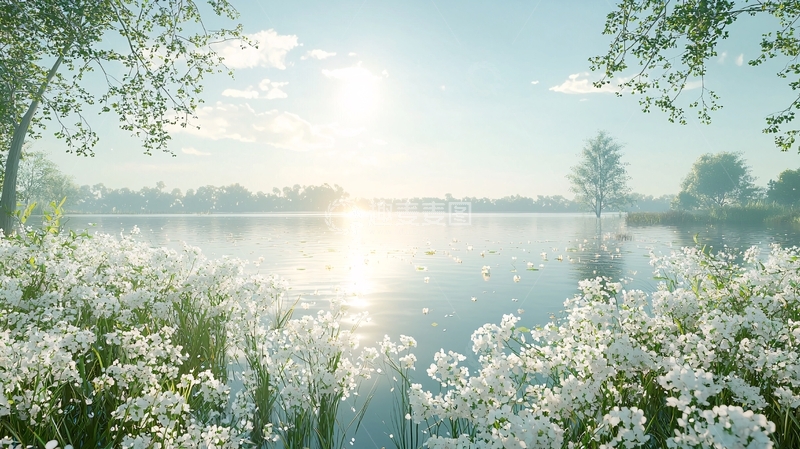 高清大图下载【趣麦麦图】清晨湖边白花盛开