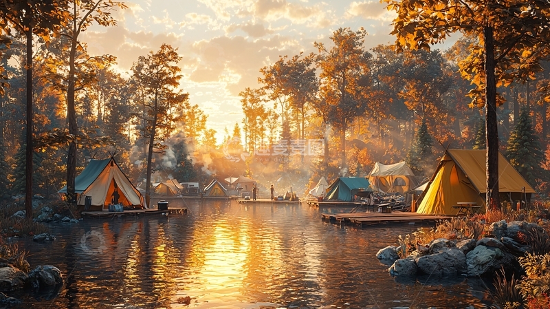 高清大图下载【趣麦麦图】秋日湖边营地风景