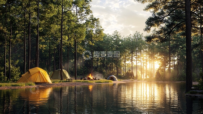 高清大图下载【趣麦麦图】森林湖泊露营地日落