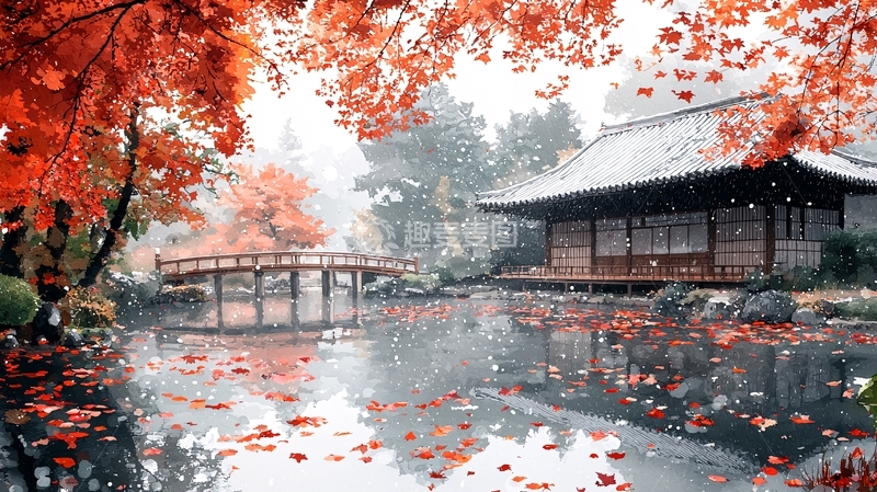 高清大图下载【趣麦麦图】日式庭院秋景雪景