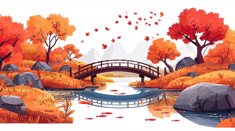 高清大图下载【趣麦麦图】秋日枫叶小桥流水