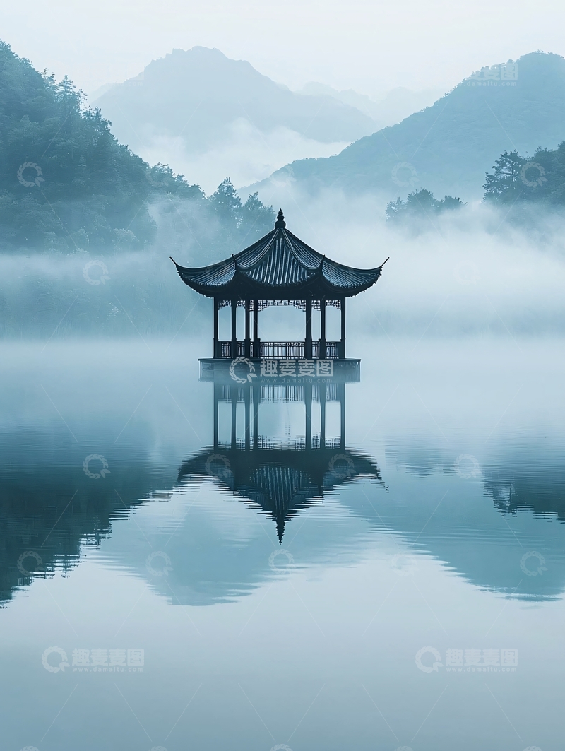高清大图下载【趣麦麦图】湖上雾气缭绕的亭子