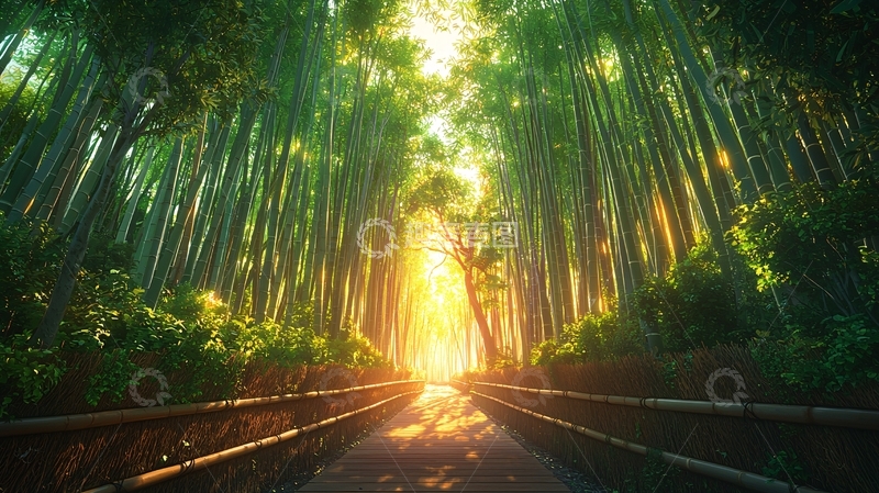 高清大图下载【趣麦麦图】阳光洒落竹林小径