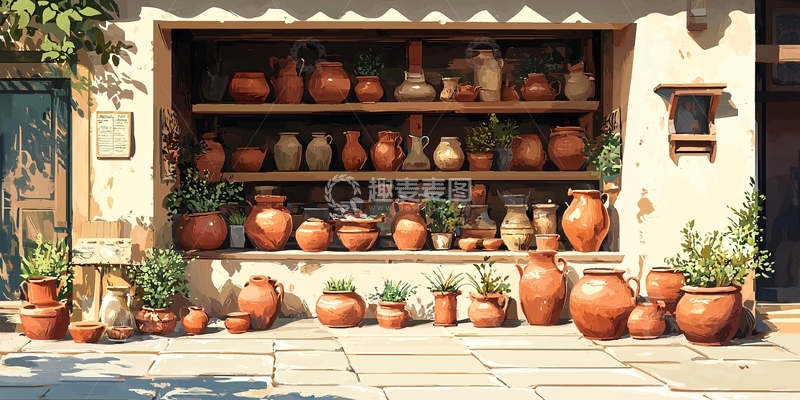 高清大图下载【趣麦麦图】阳光下的陶器店