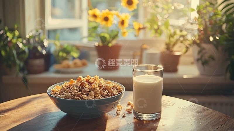 高清大图下载【趣麦麦图】阳光早餐麦片牛奶