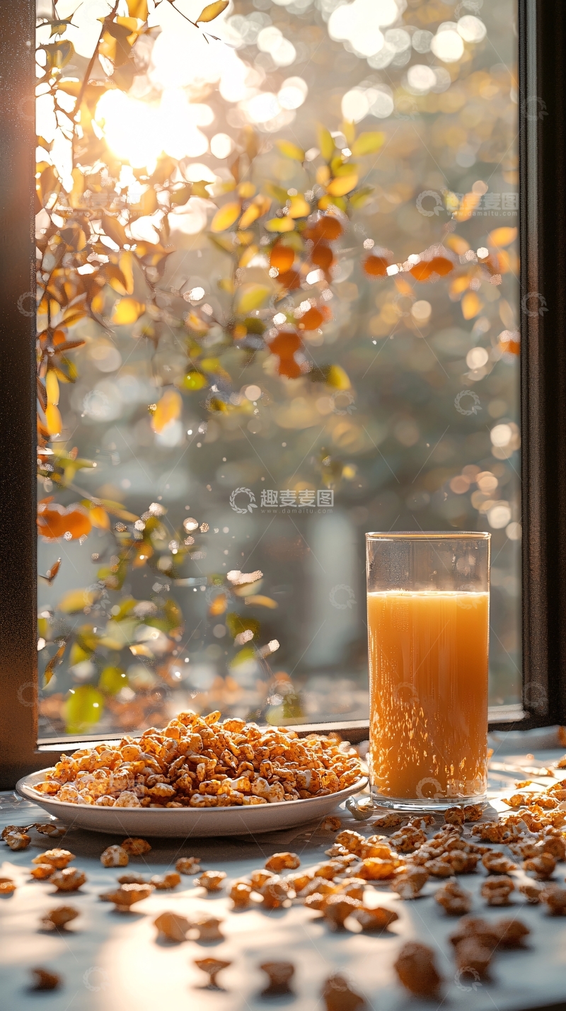 高清大图下载【趣麦麦图】阳光透过窗户洒在早餐上