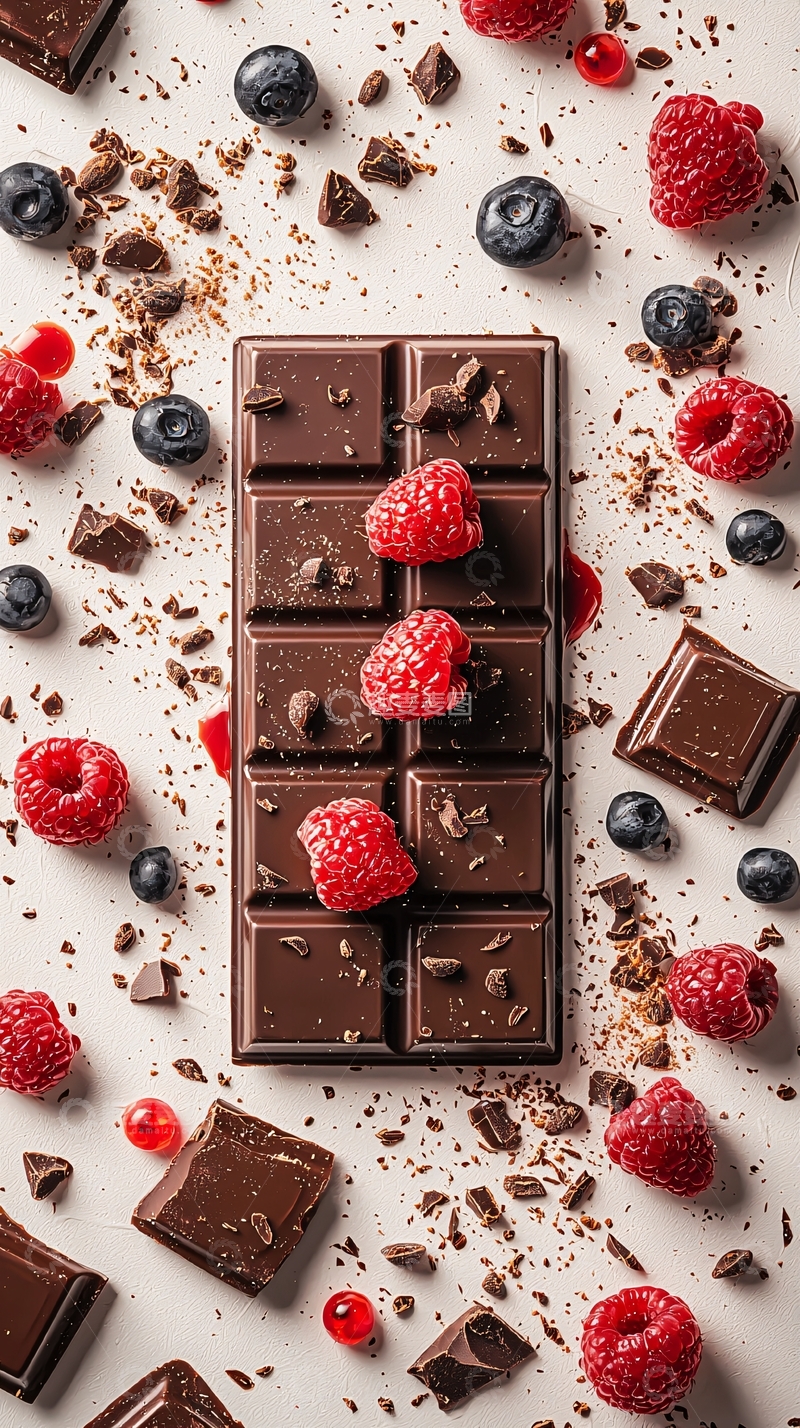 黑巧克力块与树莓蓝莓