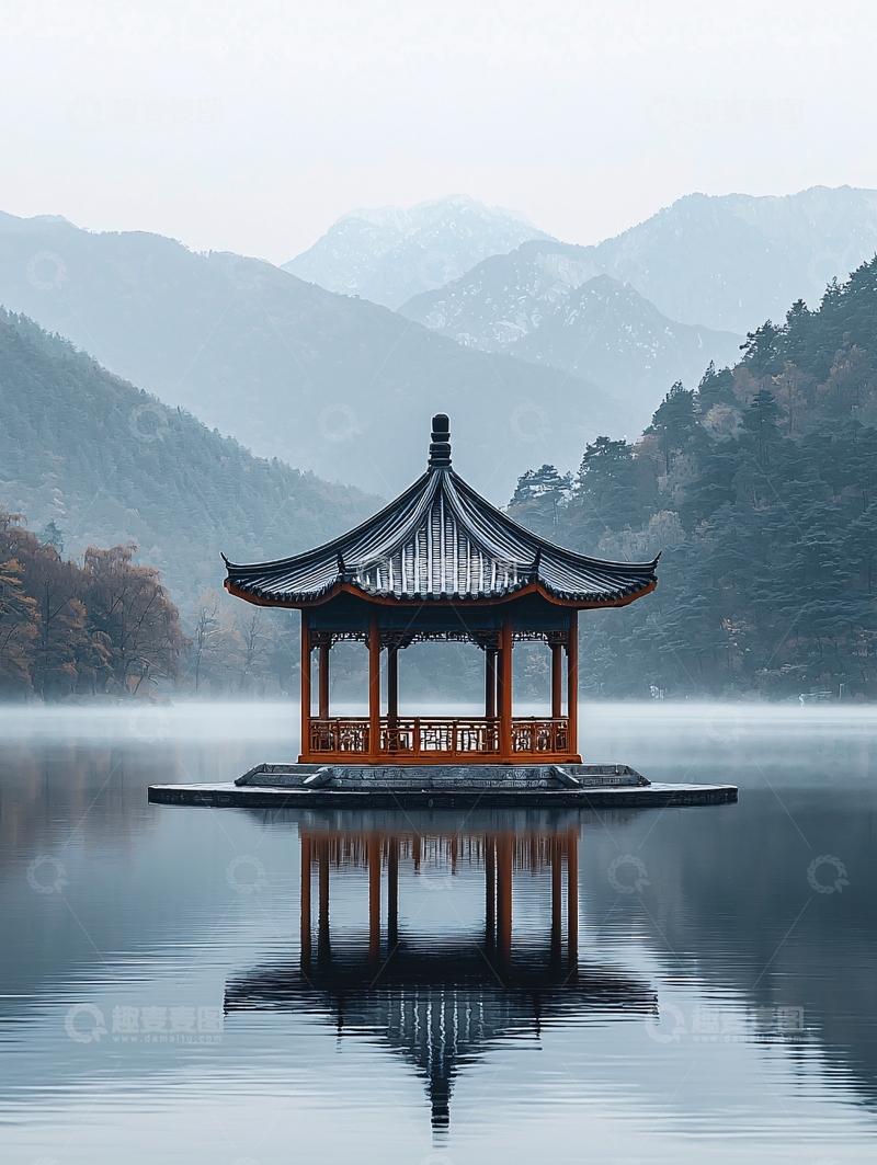 高清大图下载【趣麦麦图】湖中亭子的宁静意境