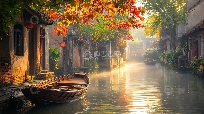高清大图下载【趣麦麦图】水乡秋色小舟人家