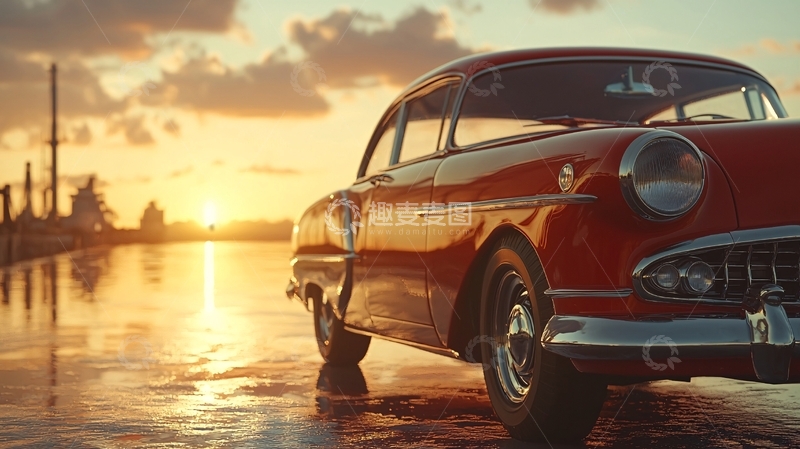 高清大图下载【趣麦麦图】夕阳下复古老爷车
