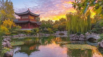 古典园林水榭亭台倒影