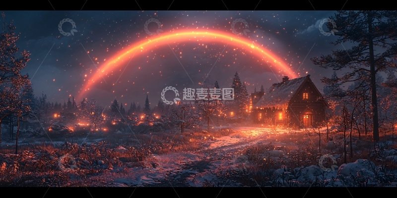 高清大图下载【趣麦麦图】冬日小镇橙色光环笼罩夜空