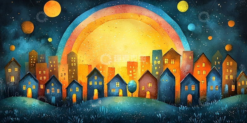 高清大图下载【趣麦麦图】童话小镇星空彩虹