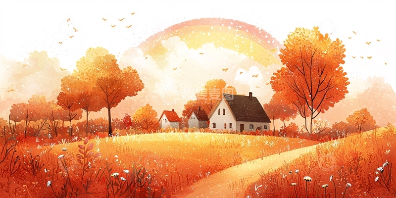高清大图下载【趣麦麦图】秋日田园风光水彩画