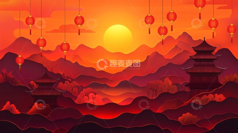 高清大图下载【趣麦麦图】红色夕阳下的中国山水画