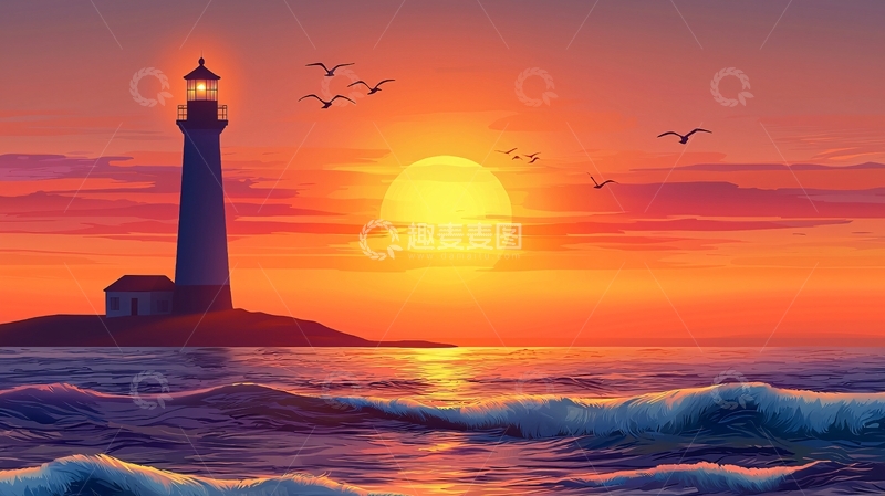 高清大图下载【趣麦麦图】日落海景灯塔