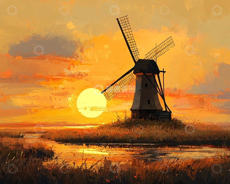高清大图下载【趣麦麦图】夕阳下的古老风车