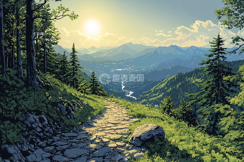 高清大图下载【趣麦麦图】山间小路日落景色