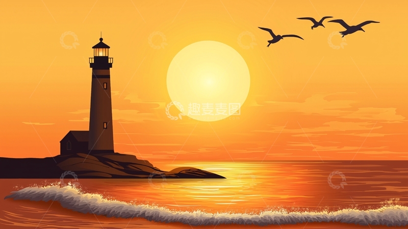 高清大图下载【趣麦麦图】日落海景灯塔