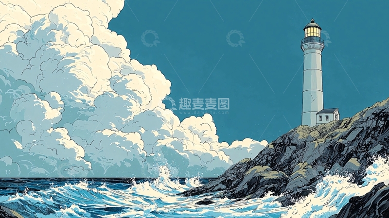 高清大图下载【趣麦麦图】海边灯塔风景画