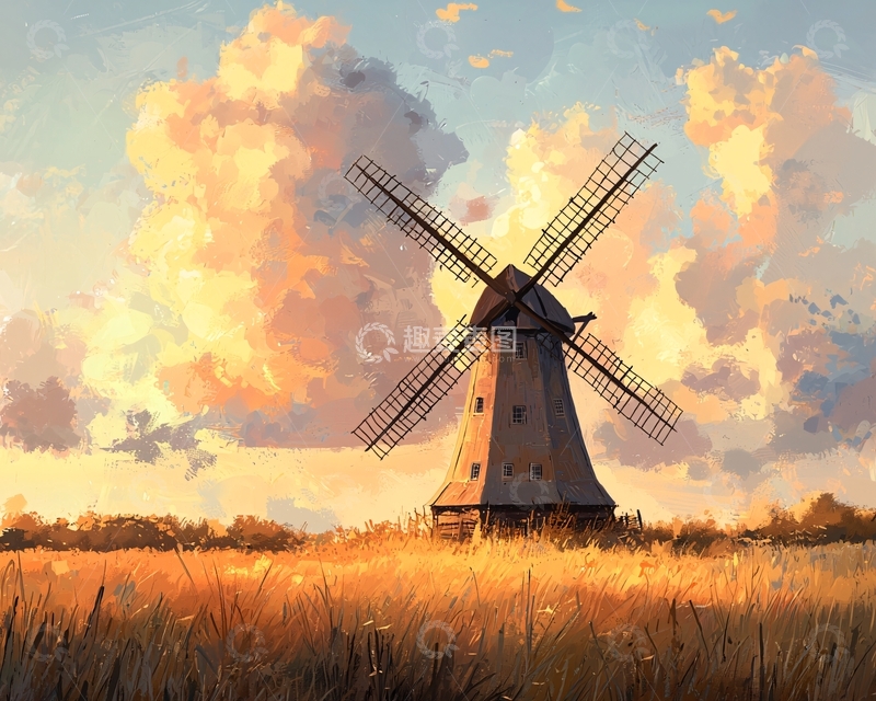 高清大图下载【趣麦麦图】夕阳下田野里的风车