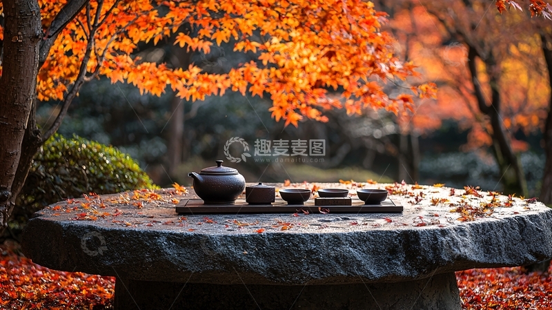 高清大图下载【趣麦麦图】秋日枫叶下石桌茶具
