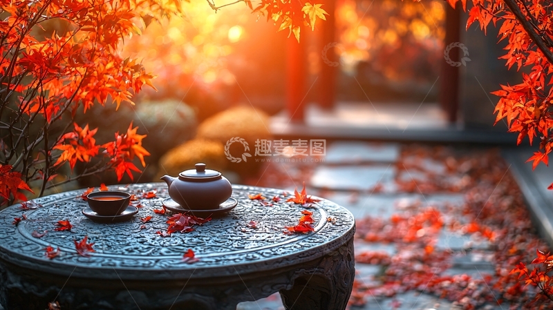 高清大图下载【趣麦麦图】秋日红叶下的茶具