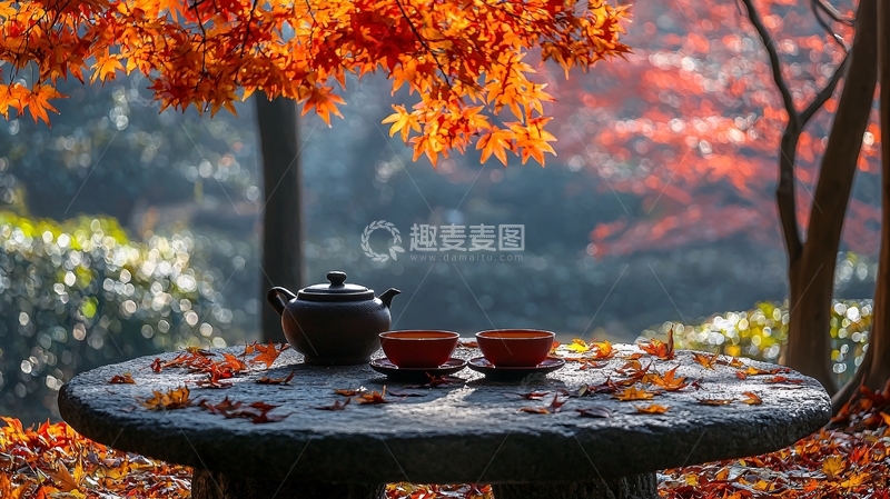 高清大图下载【趣麦麦图】秋日枫叶下品茶