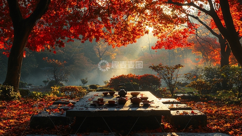 高清大图下载【趣麦麦图】秋日红叶下的围棋桌