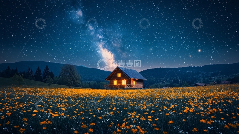 高清大图下载【趣麦麦图】星空下的木屋