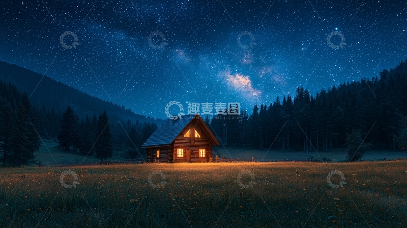 高清大图下载【趣麦麦图】星空下的木屋
