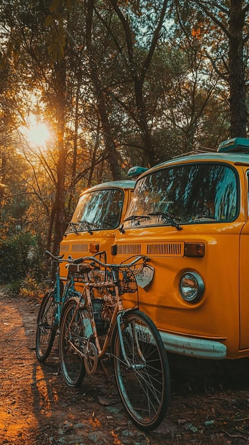 复古黄巴士森林自行车日落