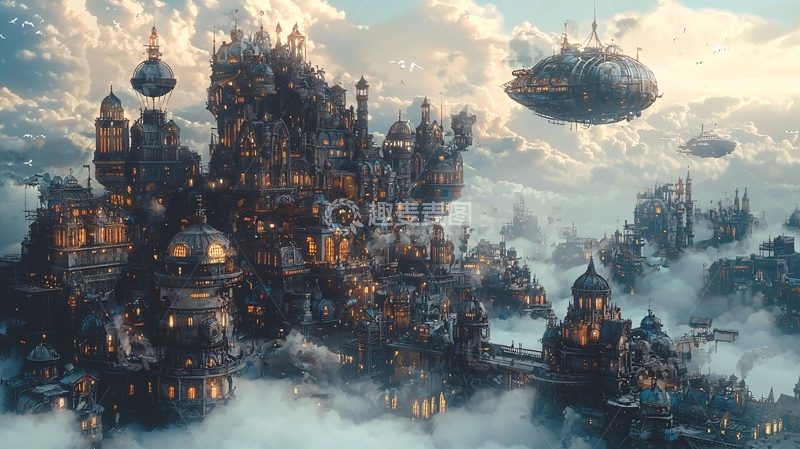 高清大图下载【趣麦麦图】云端之上的蒸汽朋克城市