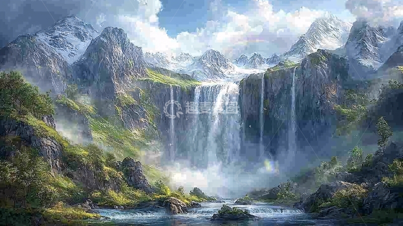 高清大图下载【趣麦麦图】雪山瀑布风景画